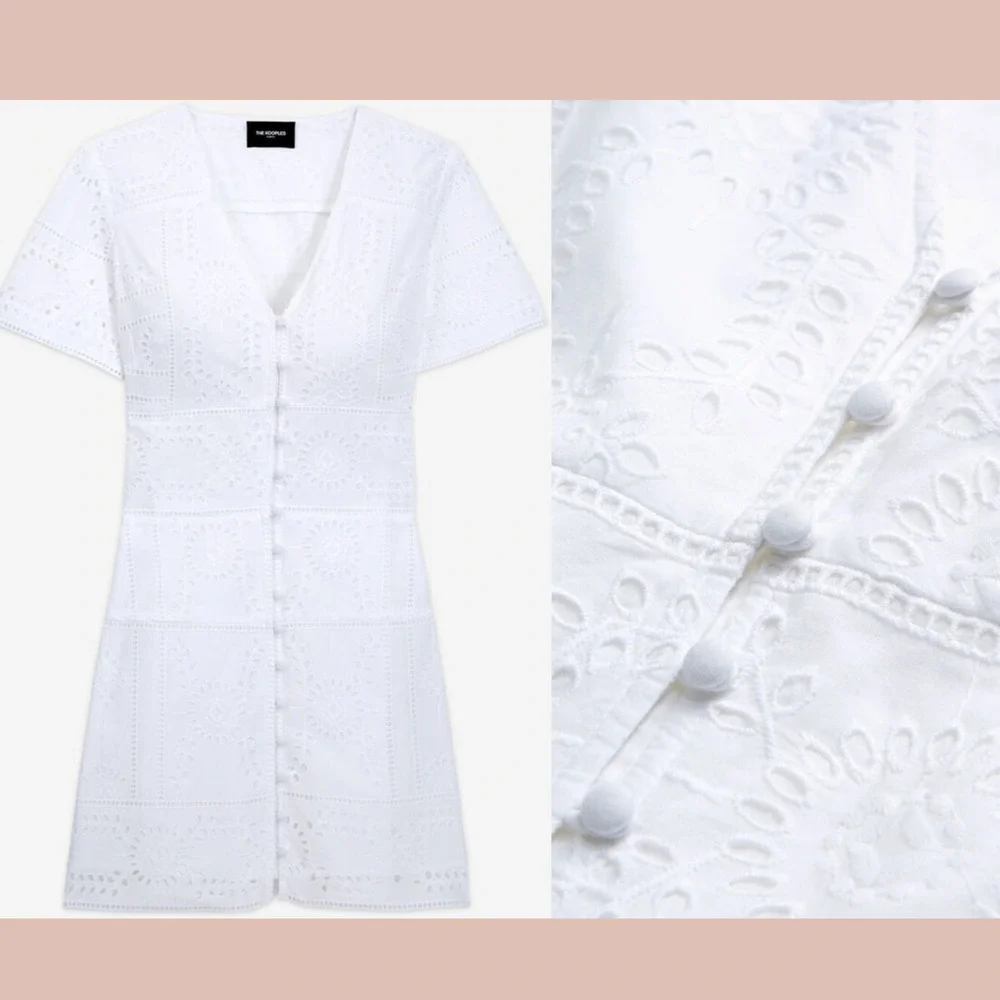 NWT The Kooples [ Size 1 ] Flower Embroidery Button Down Short Dress White #6971